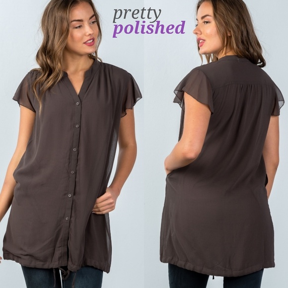 Miilla Clothing Tops - 💜Sepia Flutter Sleeve Tunic Top w/ Tie Hem